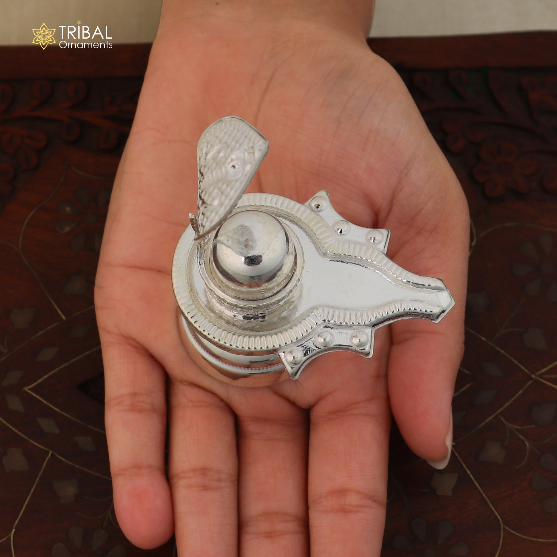 925 sterling silver Lord Shiva Lingam Jalheri for temple puja, with intricate design, used in religious worship and rituals.