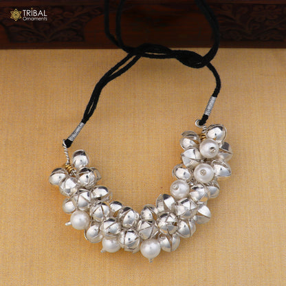 Sterling silver and pearl beads gajra hair jewelry for brides, featuring intricate design by TRIBAL ORNAMENTS.