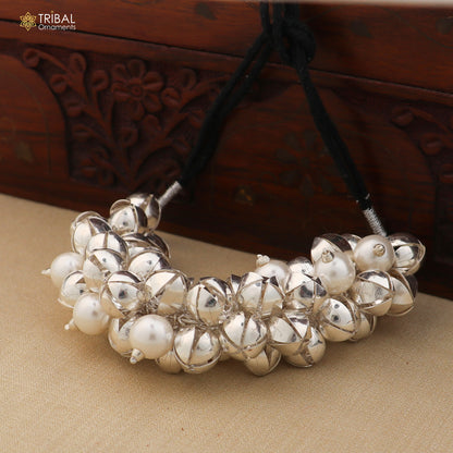 Sterling silver and pearl beads gajra hair jewelry for brides, featuring intricate design by TRIBAL ORNAMENTS.
