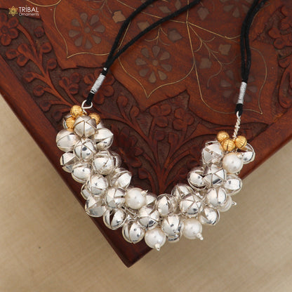 925 sterling silver and pearl beads gajra hair jewelry for brides, featuring intricate design by TRIBAL ORNAMENTS.