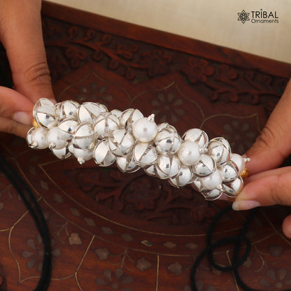 925 sterling silver and pearl bead gajra hair jewelry for brides, featuring intricate tribal ornament design.