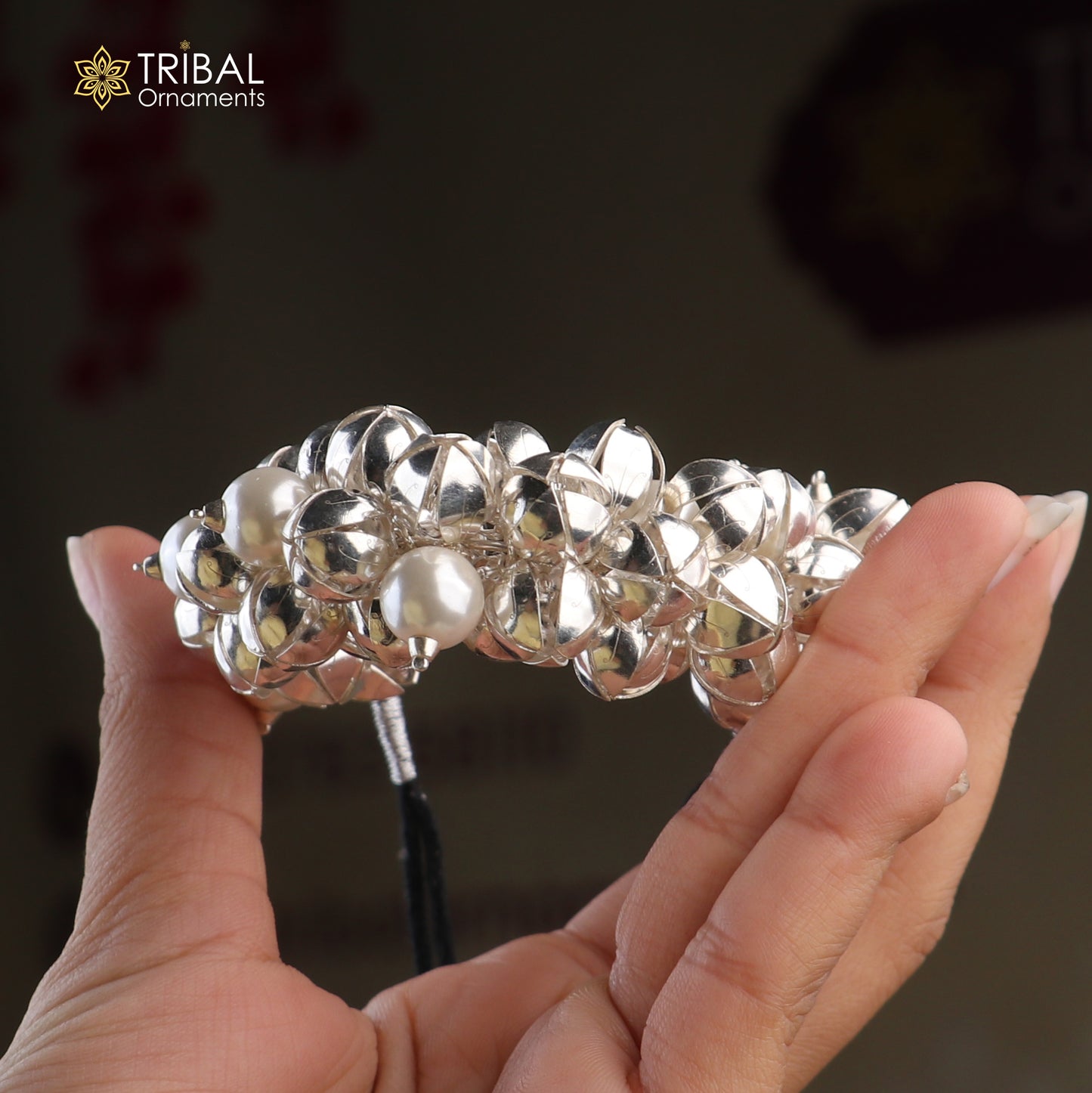 Sterling silver and pearl bead gajra hair jewelry for brides, featuring intricate tribal ornament design.