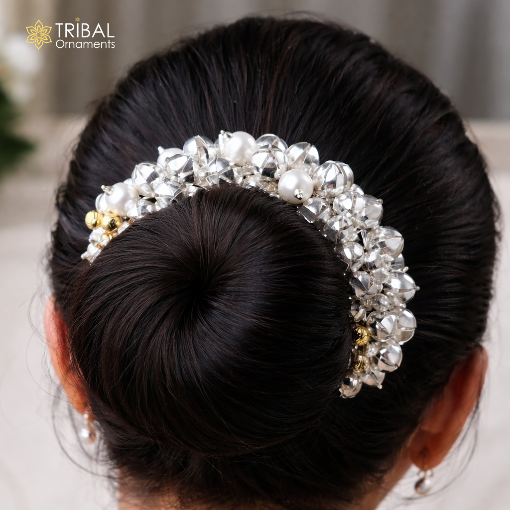 925 silver and pearl bead gajra hair jewelry for brides, featuring intricate tribal design and elegant floral arrangements.