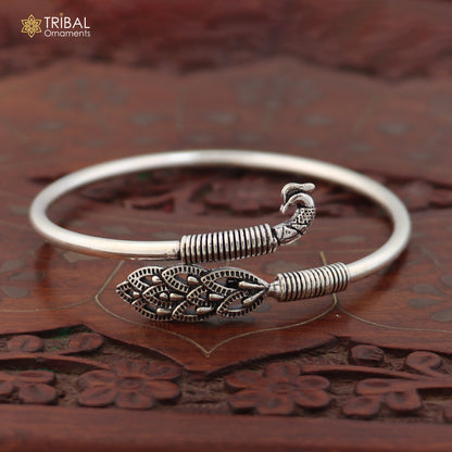 925 sterling silver Peacock style bangle bracelet with intricate design, easy to wear tribal jewelry silver kada for women.