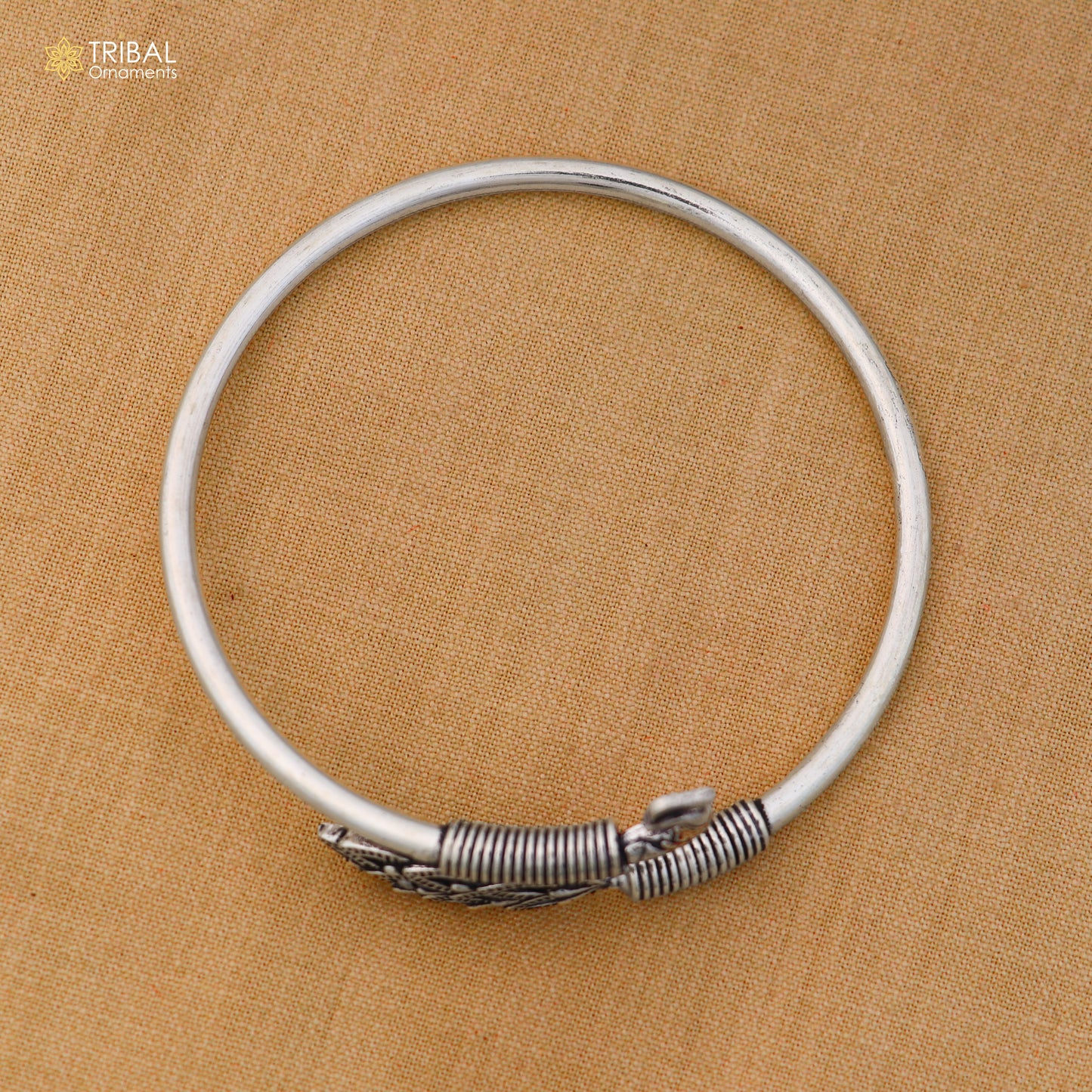925 sterling silver peacock style bangle bracelet with plug closure, tribal ornament jewelry, elegant silver kada design on wrist