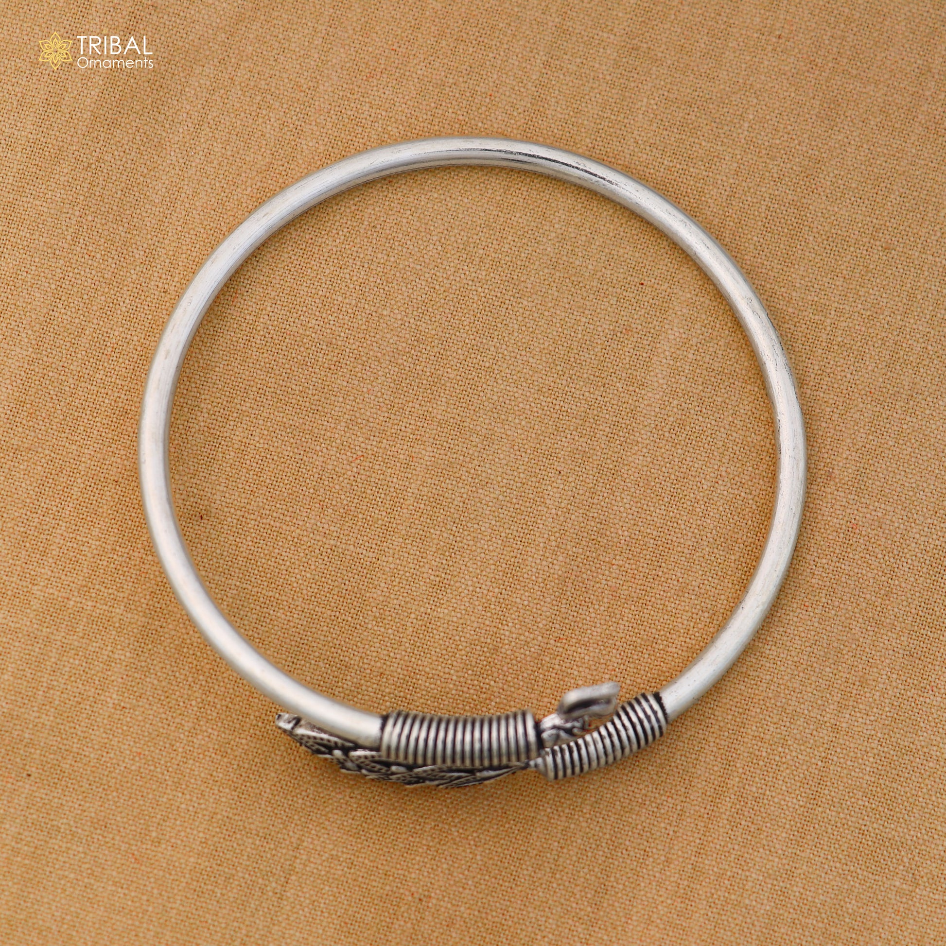 925 sterling silver peacock style bangle bracelet with plug closure, tribal ornament jewelry, elegant silver kada design on wrist