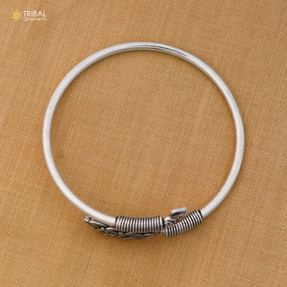925 sterling silver peacock style bangle bracelet with plug closure, tribal ornament jewelry, elegant silver kada design on wrist