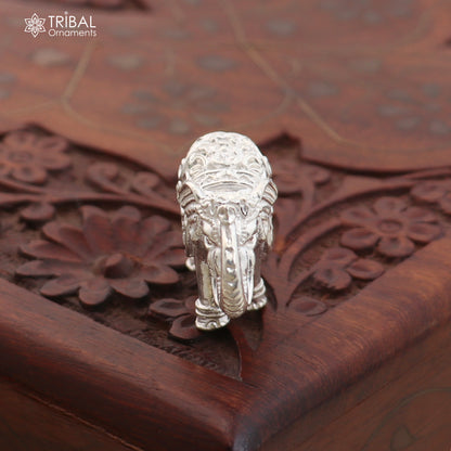 925 Sterling silver elephant sculpture figurine by TRIBAL ORNAMENTS, detailed puja art for wealth and prosperity.