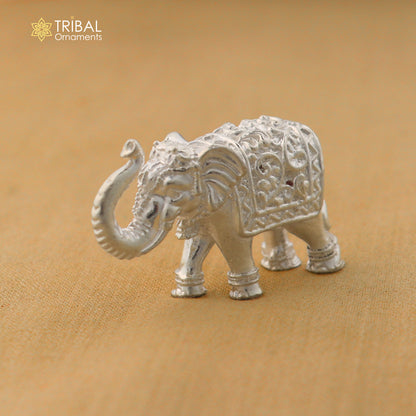 925 Sterling silver elephant sculpture by TRIBAL ORNAMENTS, detailed figurine for wealth and prosperity puja rituals.