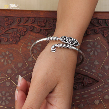 Sterling silver Peacock style bangle bracelet with intricate design, easy to wear tribal jewelry silver kada bracelet for women