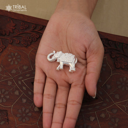 925 sterling silver elephant sculpture figurine for wealth and prosperity, detailed puja art by TRIBAL ORNAMENTS.