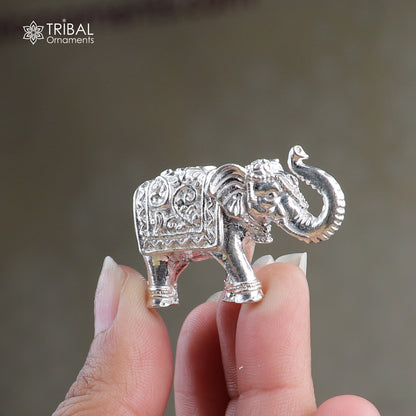 925 Sterling silver elephant sculpture figurine by TRIBAL ORNAMENTS, detailed puja art for wealth and prosperity decoration.