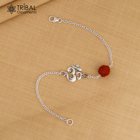 Aum /Om  design rudraksha silver rakhi bracelet 925 Sterling silver unisex chain bracelet jewelry sbr776