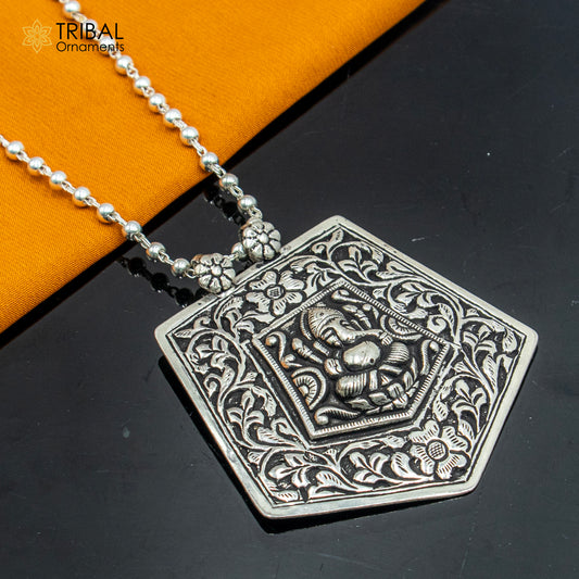 925 sterling silver Ganesha kandrai or nakshi work pendant Stunning tribal ethnic jewelry nsp82 - TRIBAL ORNAMENTS