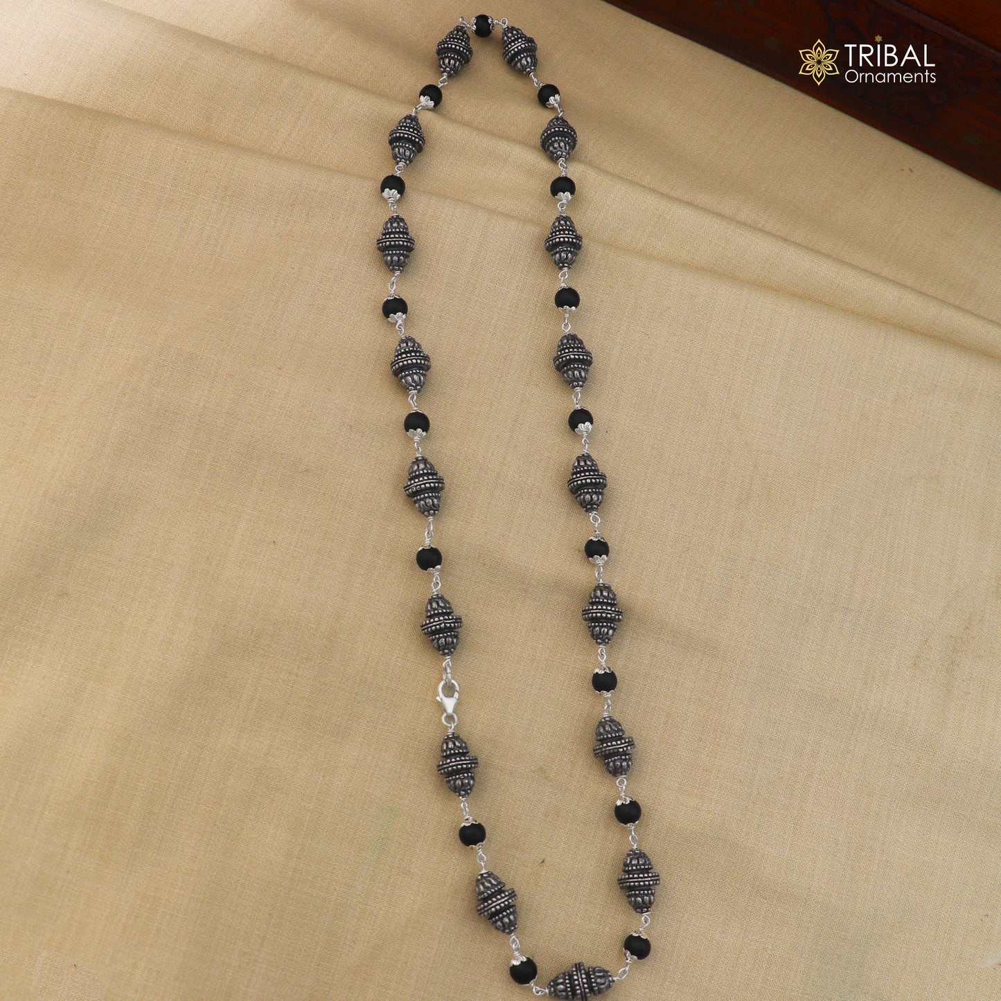 925 sterling silver vintage necklace with silver and karungali beads, featuring tribal-inspired design by TRIBAL ORNAMENTS.