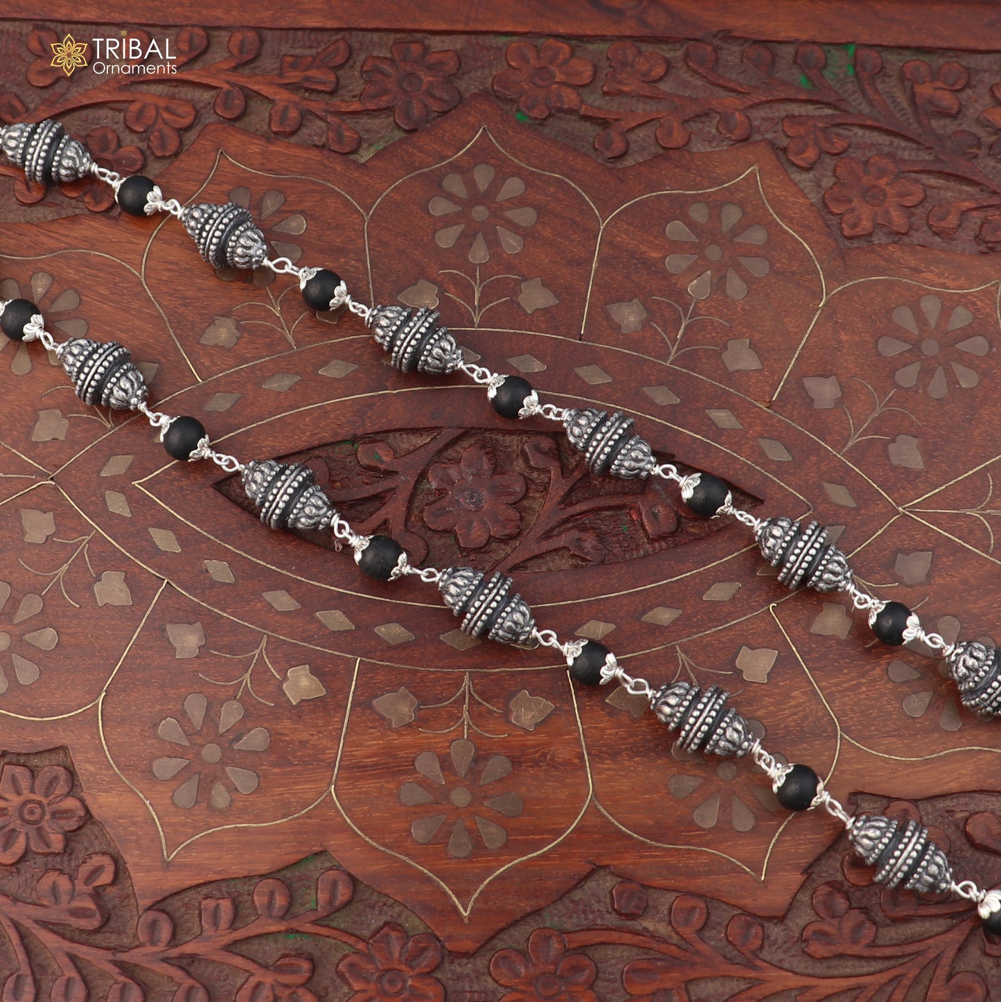 Sterling silver vintage necklace with silver and karungali beads by TRIBAL ORNAMENTS, featuring intricate craftsmanship and traditional design.