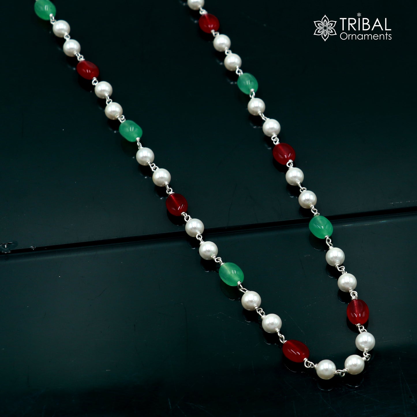 Sterling silver pearl and multi-color stone beaded necklace by TRIBAL ORNAMENTS, featuring a delicate design for women's daily wear.