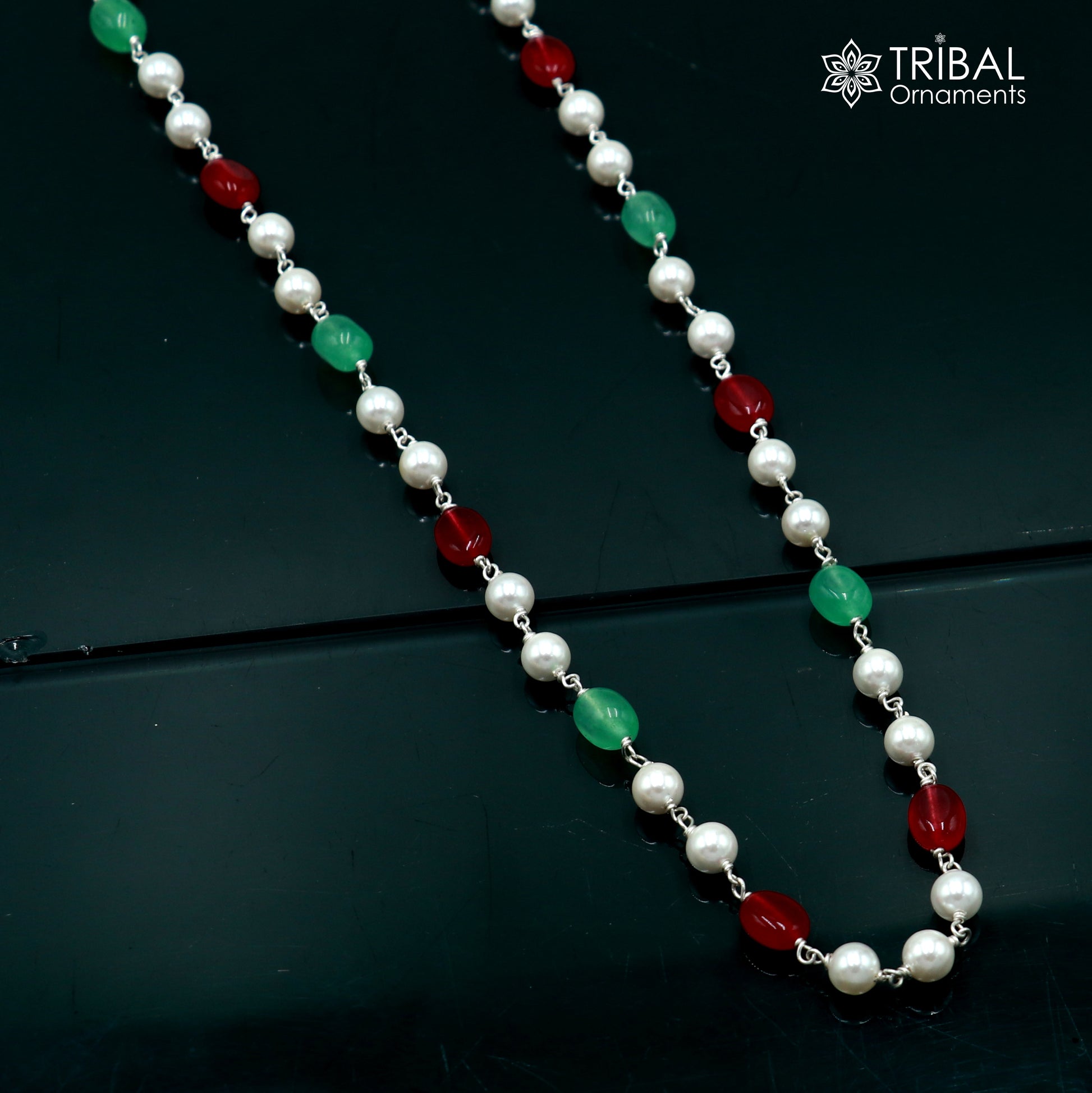 Sterling silver pearl and multi-color stone beaded necklace by TRIBAL ORNAMENTS, featuring a delicate design for women's daily wear.