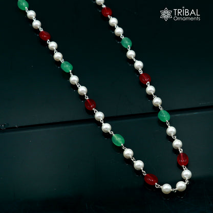 Sterling silver pearl and multi-color stone beaded necklace by TRIBAL ORNAMENTS, featuring a delicate design for women's daily wear.