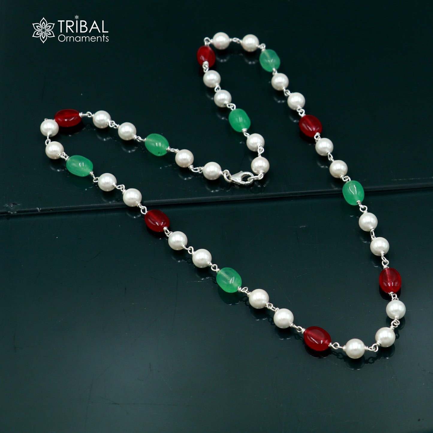 Sterling silver beaded necklace with pearls and multicolor stones, designed for women’s daily wear by TRIBAL ORNAMENTS.