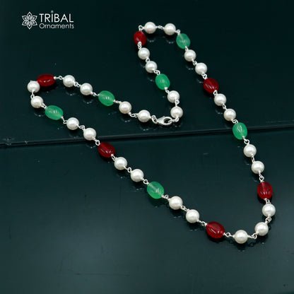 Sterling silver beaded necklace with pearls and multicolor stones, designed for women’s daily wear by TRIBAL ORNAMENTS.