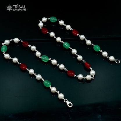 Sterling silver beaded necklace with pearls and multicolor stones, stylish women's jewelry chain with intricate design.