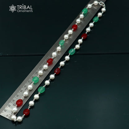 Sterling silver beaded necklace with pearls and multicolor stones, stylish women's jewelry by TRIBAL ORNAMENTS.