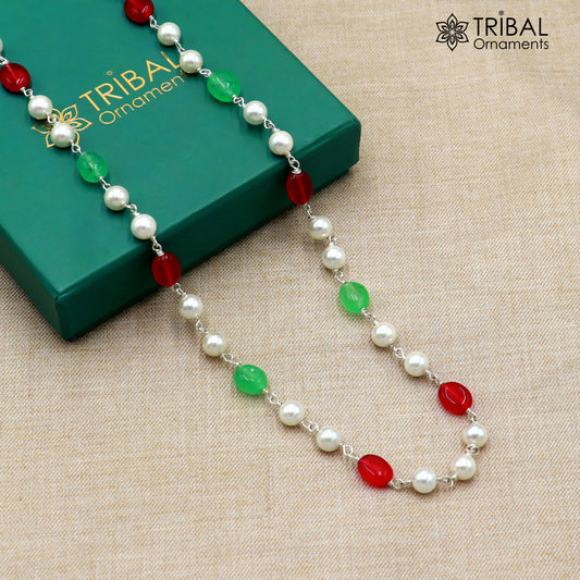 Sterling silver necklace with pearls and multi-color beads, featuring a beaded chain for women's daily wear.