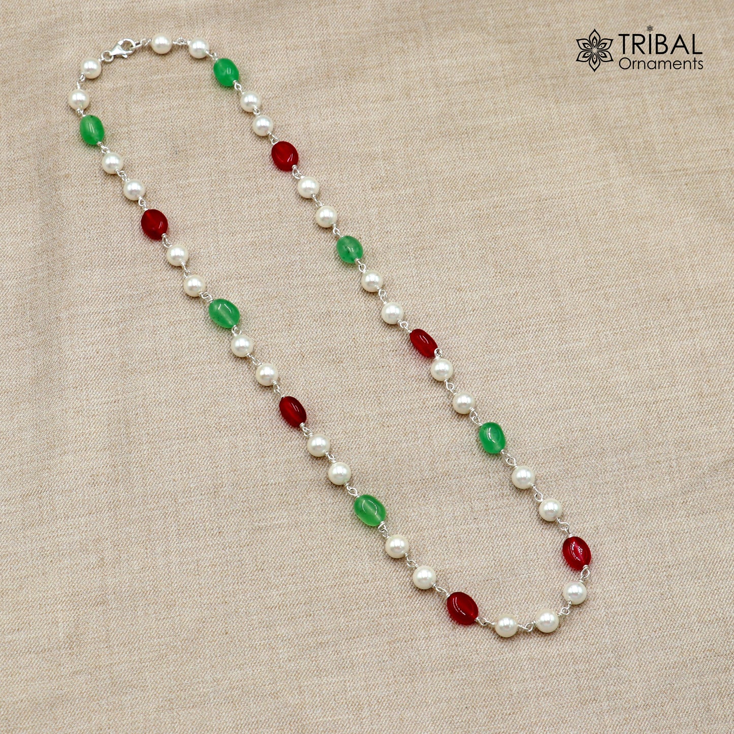 925 sterling silver beaded necklace with pearls and multicolor stones, stylish women's jewelry chain for daily wear by Tribal Ornaments