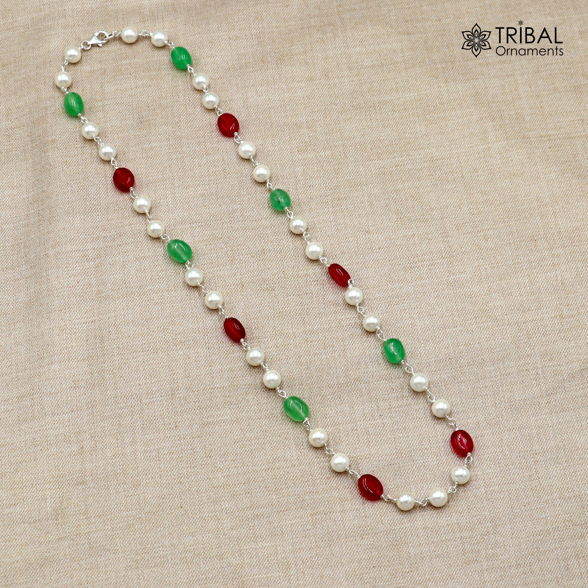 925 sterling silver beaded necklace with pearls and multicolor stones, stylish women's jewelry chain for daily wear by Tribal Ornaments