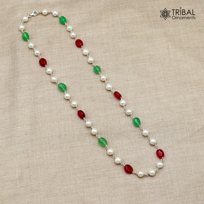 925 sterling silver beaded necklace with pearls and multicolor stones, stylish women's jewelry chain for daily wear by Tribal Ornaments