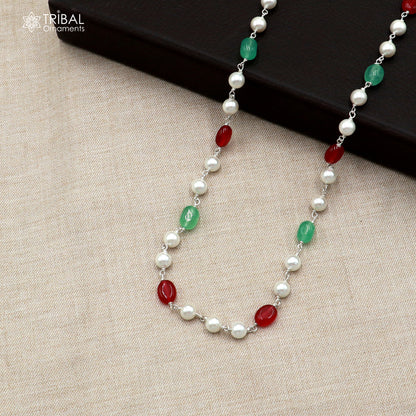 925 sterling silver beaded necklace with colorful stones and pearls, featuring a stylish design for women's everyday wear.