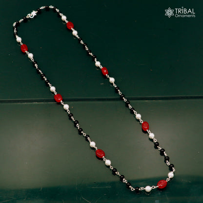 Sterling silver beaded necklace with pearls and multicolor stones, stylish women's jewelry by TRIBAL ORNAMENTS.