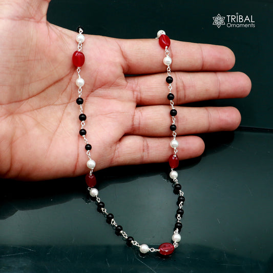 Sterling silver beaded necklace with pearls and multi-color stones, elegant women's jewelry by TRIBAL ORNAMENTS.