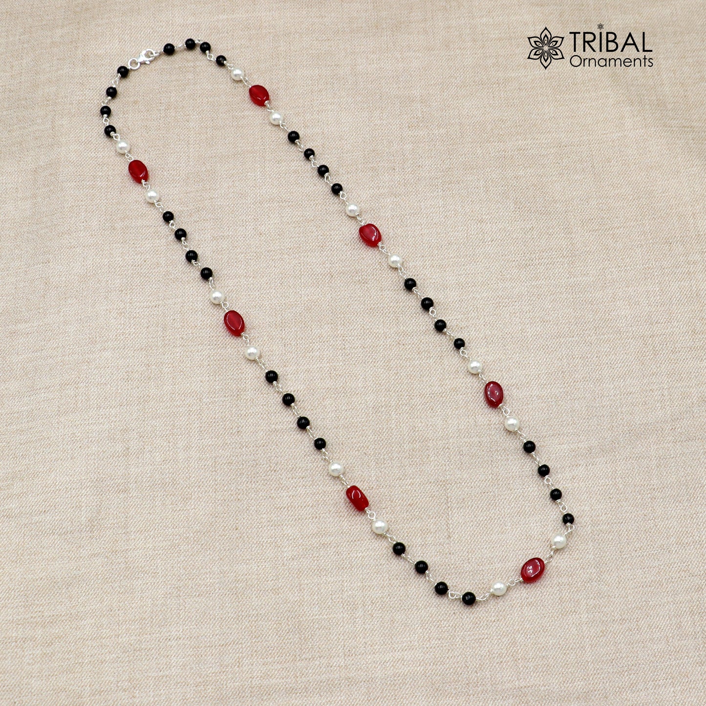 Sterling silver pearl and multi-color stone beaded necklace for women, showcasing vibrant beads and elegant design.