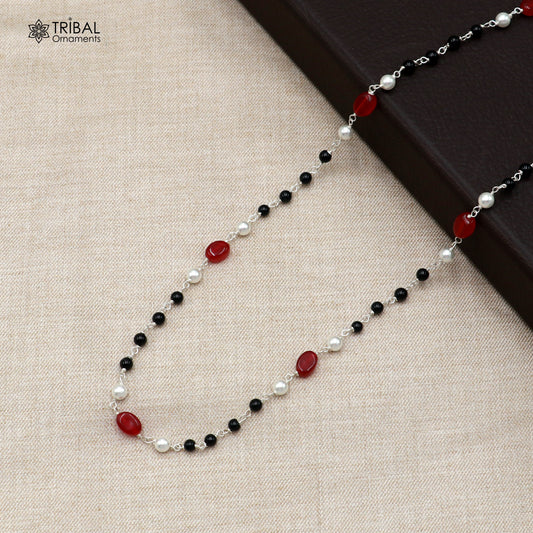 Sterling silver beaded necklace with pearls and multicolor stones, stylish women's jewelry by TRIBAL ORNAMENTS.