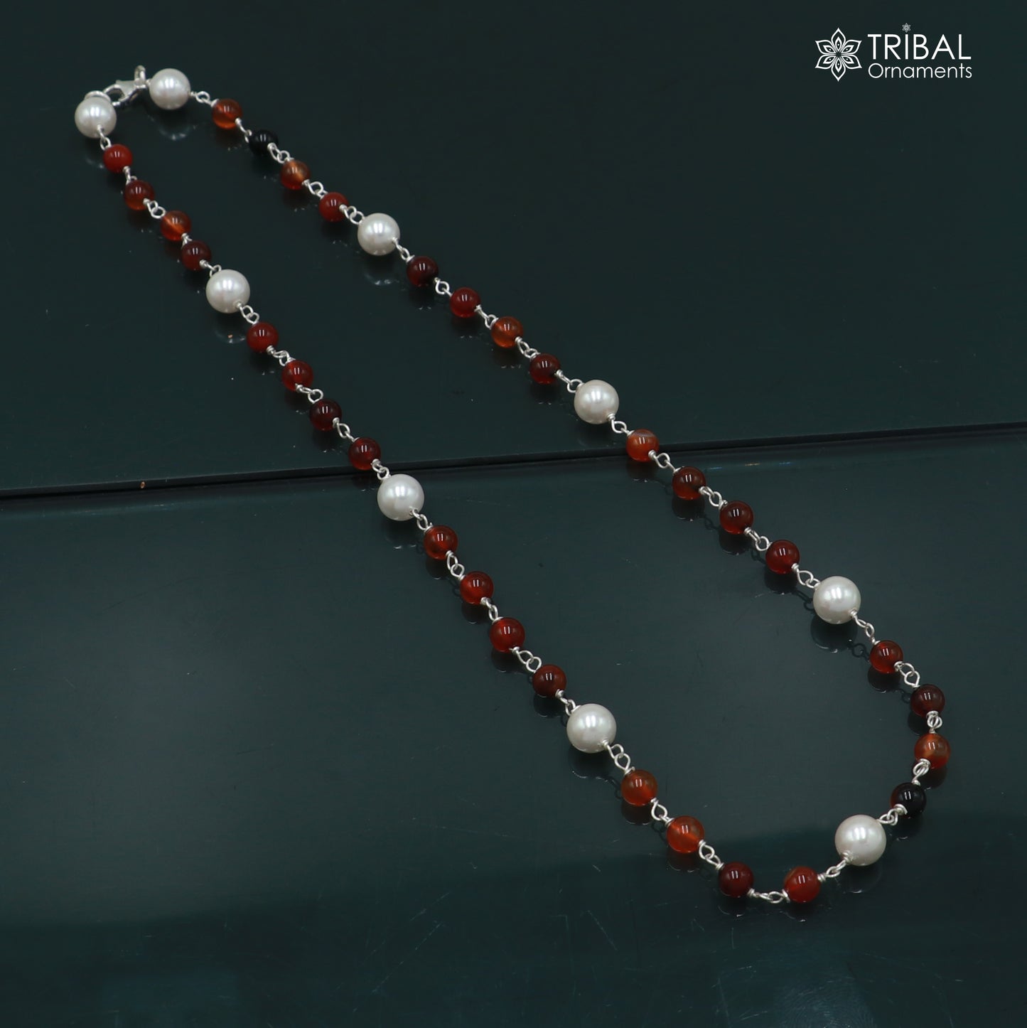 Sterling silver pearl and brown round stone beaded necklace for women, stylish daily wear chain by TRIBAL ORNAMENTS.