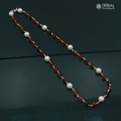 Sterling silver pearl and brown round stone beaded necklace for women, stylish daily wear chain by TRIBAL ORNAMENTS.