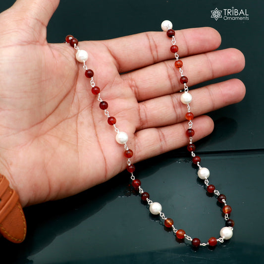 Sterling silver beaded necklace with white pearls and brown round stones, stylish women's jewelry by TRIBAL ORNAMENTS.