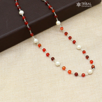 925 sterling silver beaded necklace with pearl and brown round stones, elegant women's jewelry chain for daily wear by TRIBAL ORNAMENTS