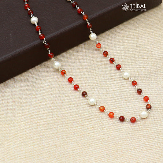 925 sterling silver beaded necklace with pearl and brown round stones, elegant women's jewelry chain for daily wear by TRIBAL ORNAMENTS