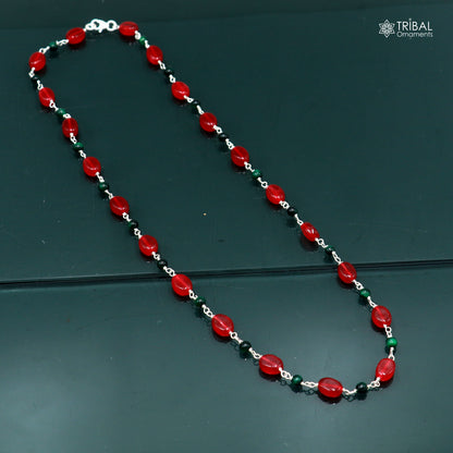 925 sterling silver beaded necklace with red and green stones, tribal-style jewelry for women, daily wear chain.