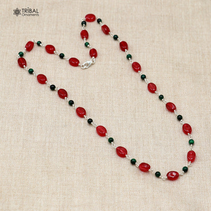 Sterling silver beaded necklace with red and green stones, stylish women's jewelry chain for daily wear by TRIBAL ORNAMENTS