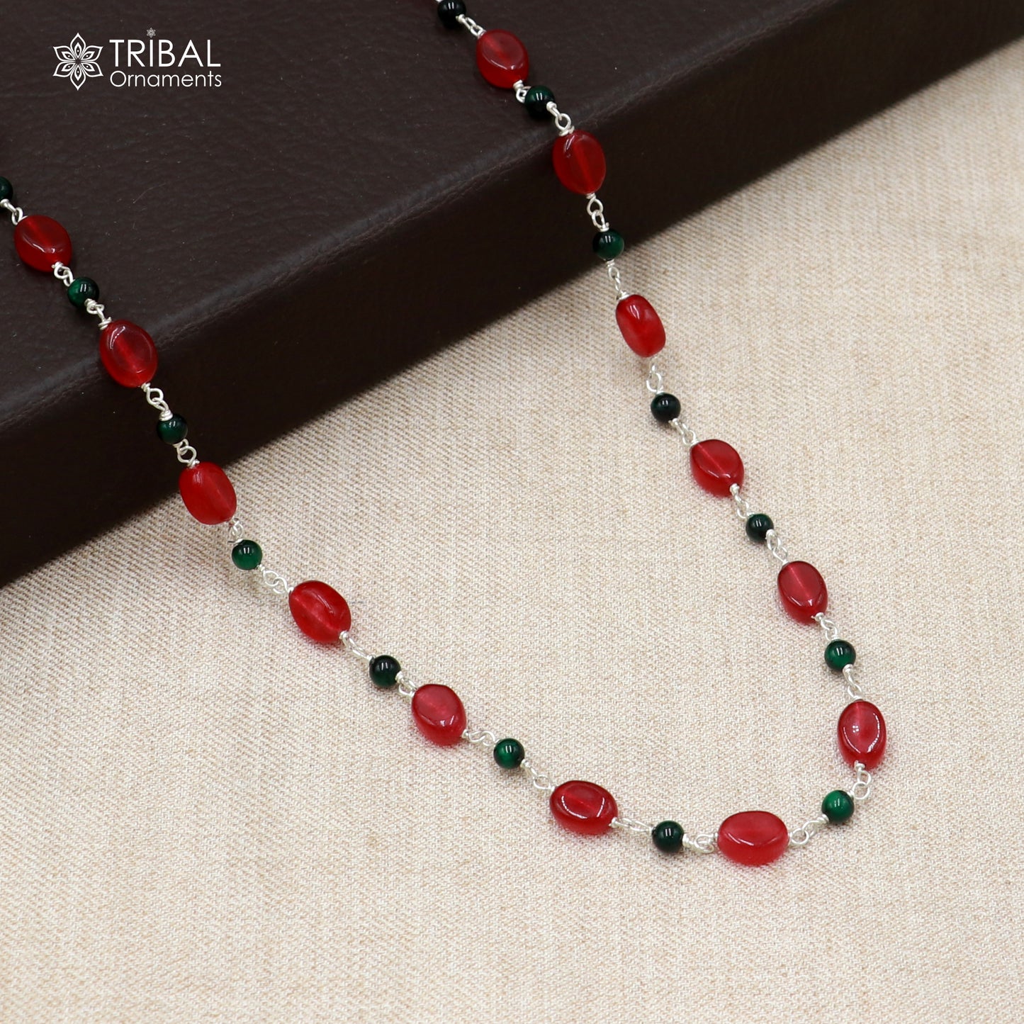 Sterling silver beaded necklace with red and green stones, stylish women's jewelry by TRIBAL ORNAMENTS.