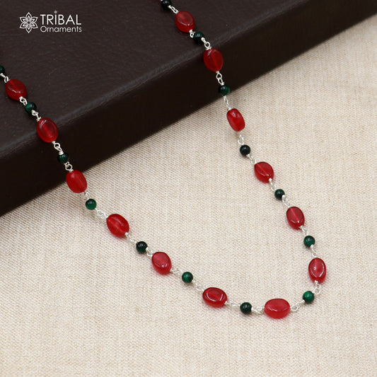 Sterling silver beaded necklace with red and green stones, stylish women's jewelry by TRIBAL ORNAMENTS.