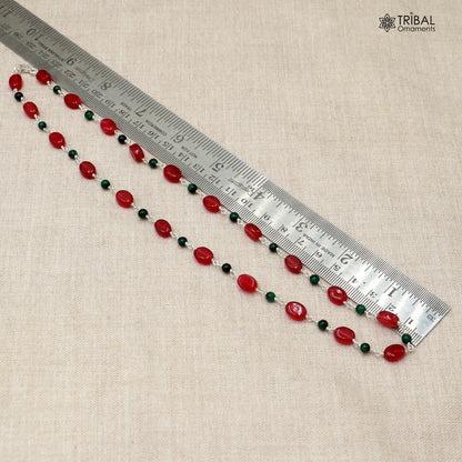 Sterling silver beaded necklace with red and green stones, stylish women's jewelry chain by TRIBAL ORNAMENTS.