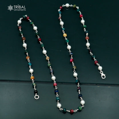 925 sterling silver beaded necklace with multicolor stones and pearls, designed for women’s daily wear by TRIBAL ORNAMENTS