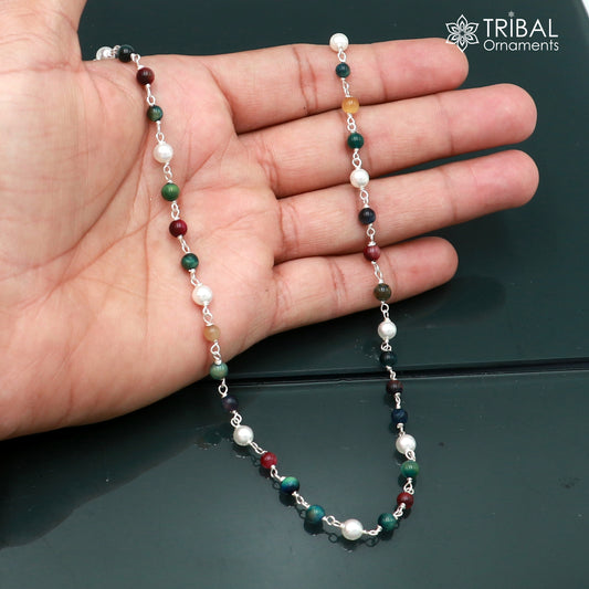 Sterling silver beaded necklace with pearls and multicolor stones, stylish women's jewelry by TRIBAL ORNAMENTS.