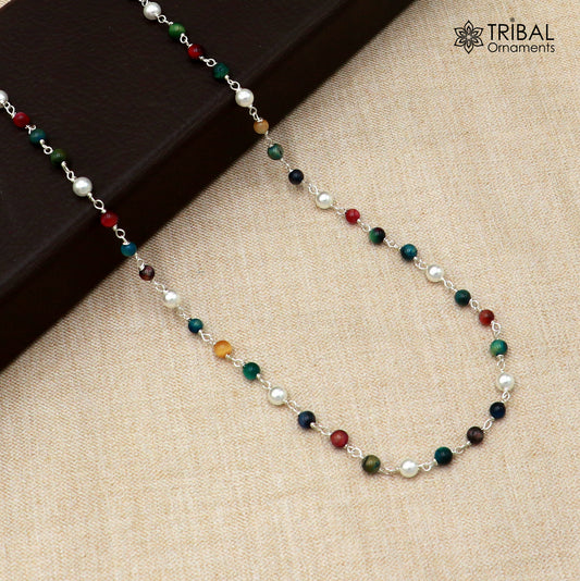Sterling silver pearl and multicolor stone beaded necklace for women, stylish daily wear chain by TRIBAL ORNAMENTS.