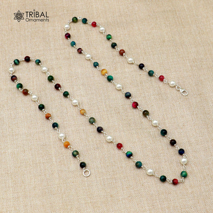 925 sterling silver beaded necklace with pearls and multicolor stones, stylish women's jewelry chain for daily wear